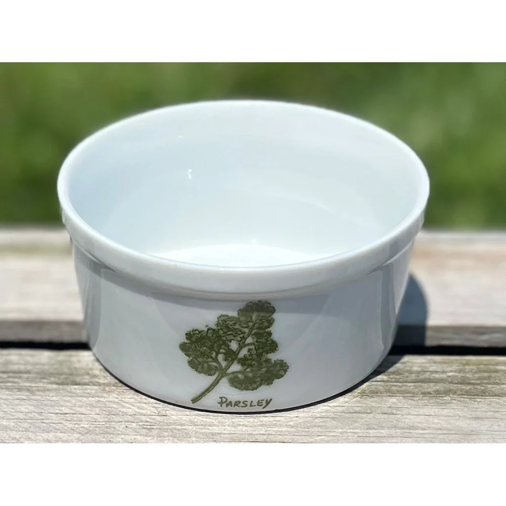Parsley Oven to Table Cookware Baking Dish Ramekins Herb‎ Design White